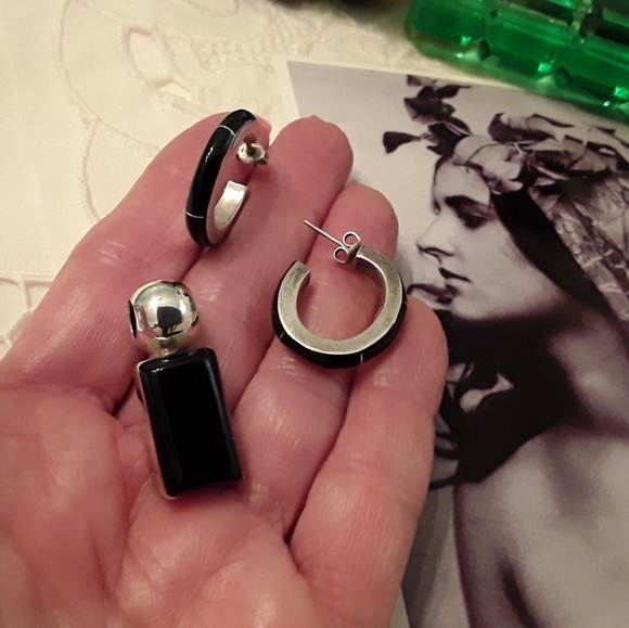 VTG.925 STERLING ONYX SLIDE & ONYX HOOP EARRINGS - Picture 6 of 8